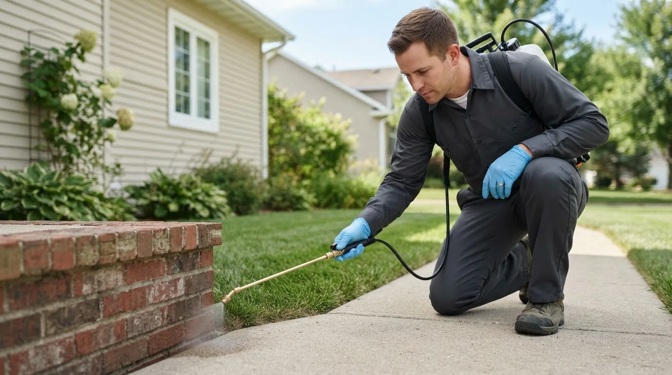 Pest control technician treating a home near Belvidere, NE