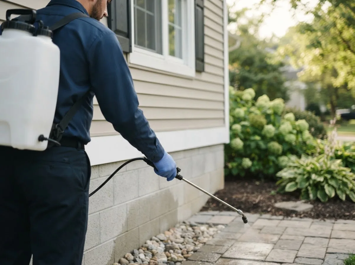 Pest control technician inspecting a home in Belvidere, NE